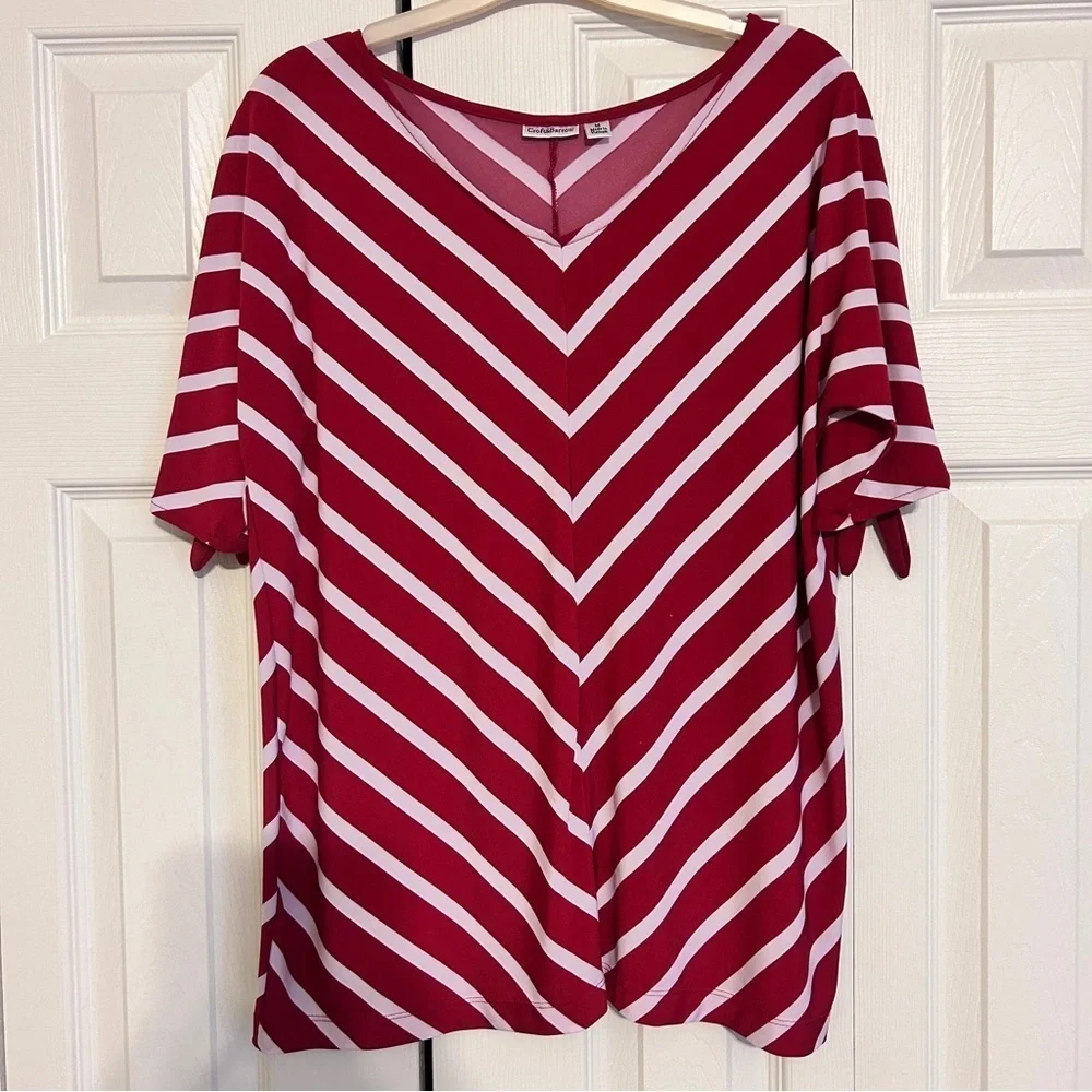 Croft & Barrow red and white short open sleeve womens medium top with ties - Picture 1 of 9